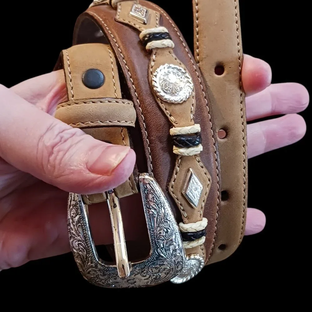 Justen Brown Leather and Tan Suede 26" Western Belt with Embellished Back - Picture 6 of 12